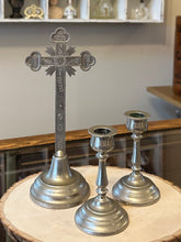 Load image into Gallery viewer, Antique Religious Altar Crucifix Set with Candleholders - Ebony Wood &amp; Nickel Silver
