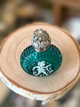 Load image into Gallery viewer, Handmade Czech Glass Teal &amp; Filigree Silver Tone Rhinestone Top Hand Painted Decoration Perfume Bottle
