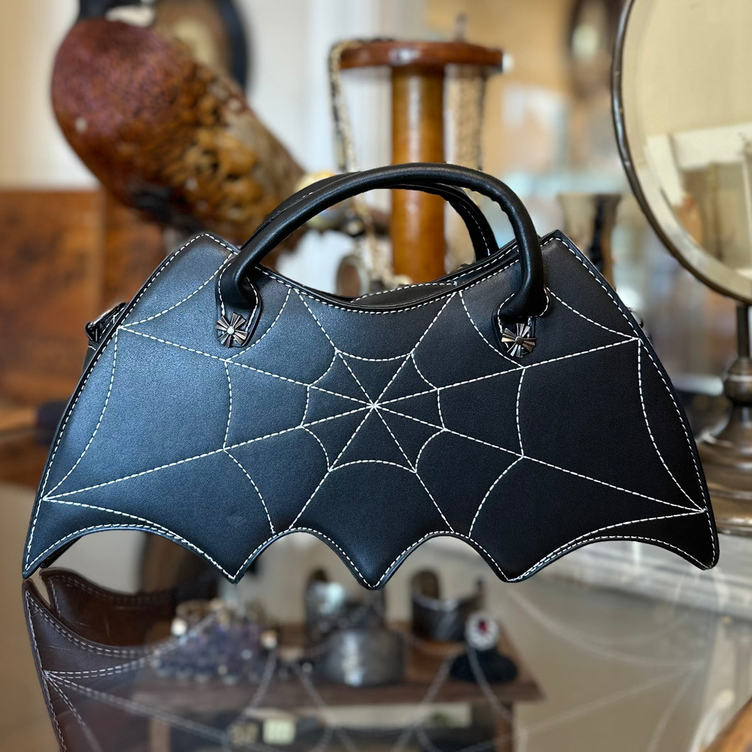 BAT CAVE Black Faux Leather Spider Top Handle Clutch or Crossbody