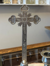 Load image into Gallery viewer, Antique Religious Altar Crucifix Set with Candleholders - Ebony Wood &amp; Nickel Silver
