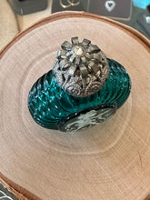 Load image into Gallery viewer, Handmade Czech Glass Teal &amp; Filigree Silver Tone Rhinestone Top Hand Painted Decoration Perfume Bottle
