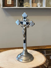 Load image into Gallery viewer, Antique Ebony &amp; Nickel Altar Standing Crucifix - 8.25&quot; x 3.5&quot; - Religious Tabletop Display
