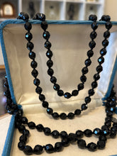 Load image into Gallery viewer, Vintage Midcentury Jet Black Faceted Glass Beaded Necklace with Sterling Silver Fish Hook Clasp 57”
