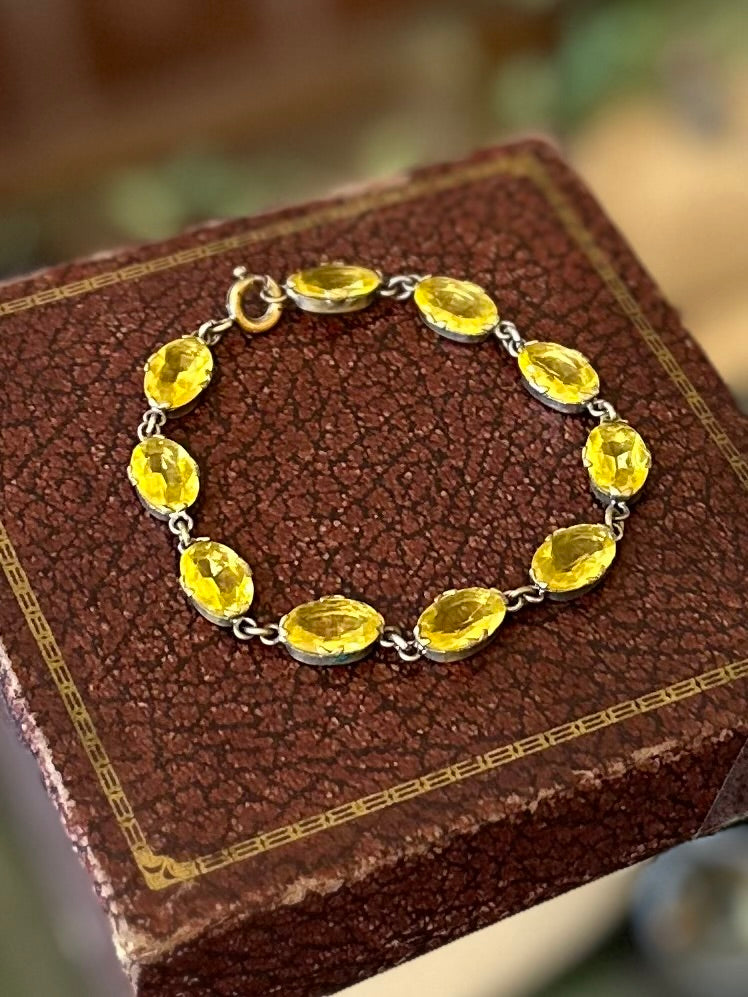 Antique Circa 1920s Art Deco Silver Plated Brass & Faceted Oval Yellow Citrine Glass Bracelet 7.75”