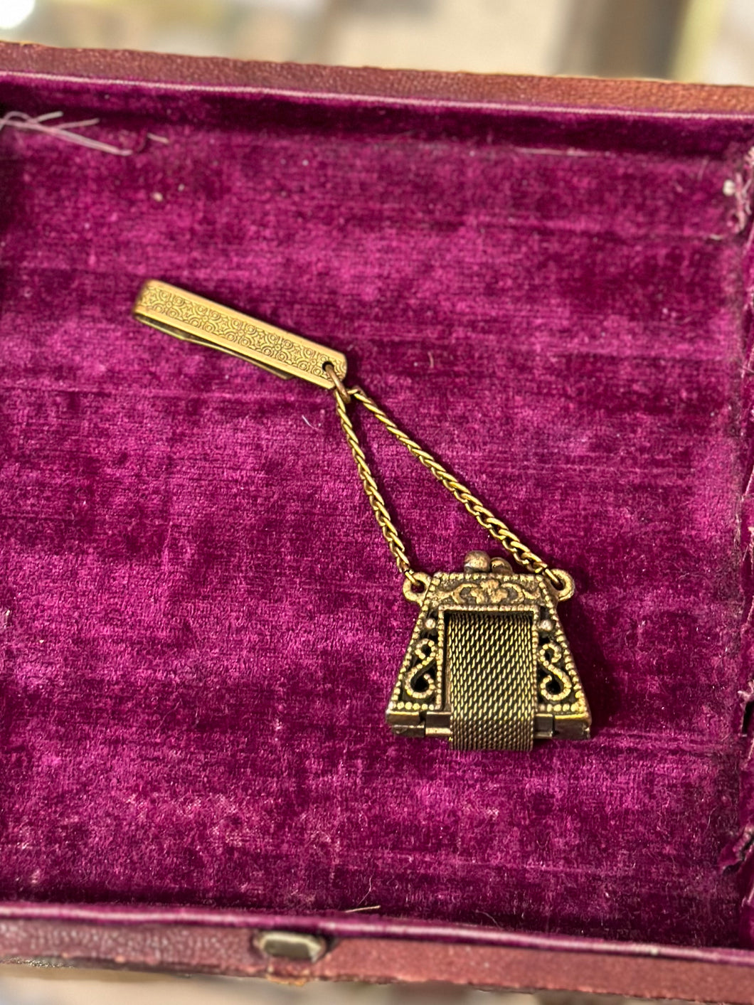 Vintage 1950s Chatelaine Brass Chain Kiss Lock Opening Purse Charm for Belt Victorian Revival