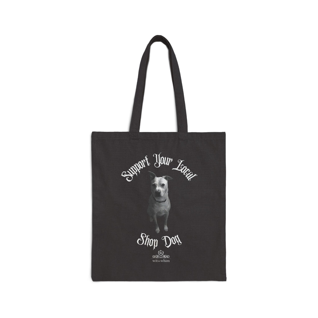 Wit & Whim ‘Support Your Local Shop Dog’ Black Cotton Canvas Tote Bag