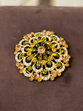 Load image into Gallery viewer, Dazzling Vintage 1950s AUSTRIA Floral Prong Set Rhinestone Crystals Gold Tone Metal Domed Brooch Pin Orange Green Marquise
