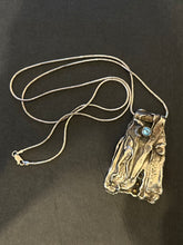 Load image into Gallery viewer, Vintage Unsigned Brutalist Abstract Reticulated Sterling Silver &amp; Faceted Aquamarine Dragonfly Wing Pendant Necklace 30”

