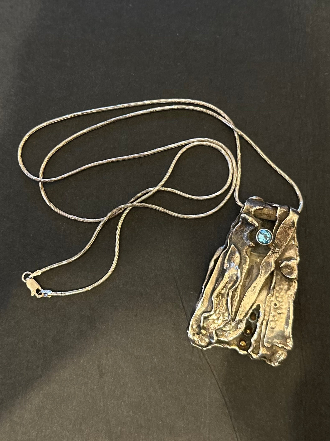 Vintage Unsigned Brutalist Abstract Reticulated Sterling Silver & Faceted Aquamarine Dragonfly Wing Pendant Necklace 30”