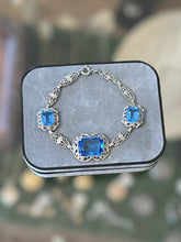 Load image into Gallery viewer, Vintage Circa 1930s Art Deco Rhodium Plated Aquamarine Faceted Czech Glass Bracelet 7”
