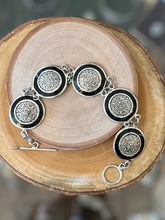 Load image into Gallery viewer, Vintage Sterling Silver Aztec Mayan Calendar Bracelet 8&quot; Toggle Black Enamel
