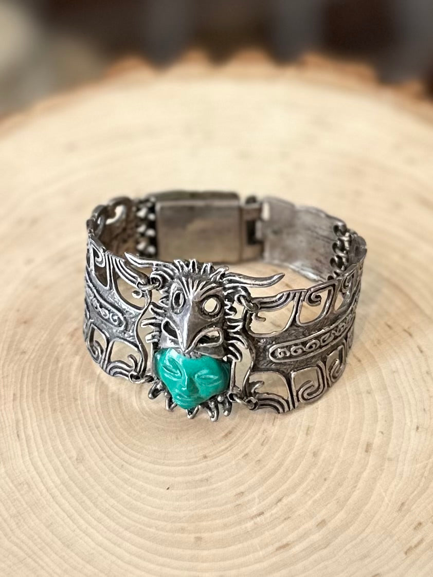 Vintage Mexico Sterling deals Crushed Stone Inlay Panel Link Bracelet_ Chrysocolla & Turquoise Chips_ Modernist Pre Eagle Taxco_ Large Wrists