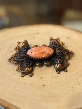 Load image into Gallery viewer, Vintage Art Nouveau Revival Ornamental Copper Faux Art Glass Pink Resin Sash Buckle Brooch Pin
