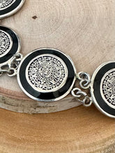 Load image into Gallery viewer, Vintage Sterling Silver Aztec Mayan Calendar Bracelet 8&quot; Toggle Black Enamel
