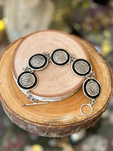 Load image into Gallery viewer, Vintage Sterling Silver Aztec Mayan Calendar Bracelet 8&quot; Toggle Black Enamel
