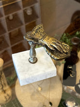 Load image into Gallery viewer, Vintage Brass Victorian Style Hand Clip on Square Marble Base 4.5” Midcentury
