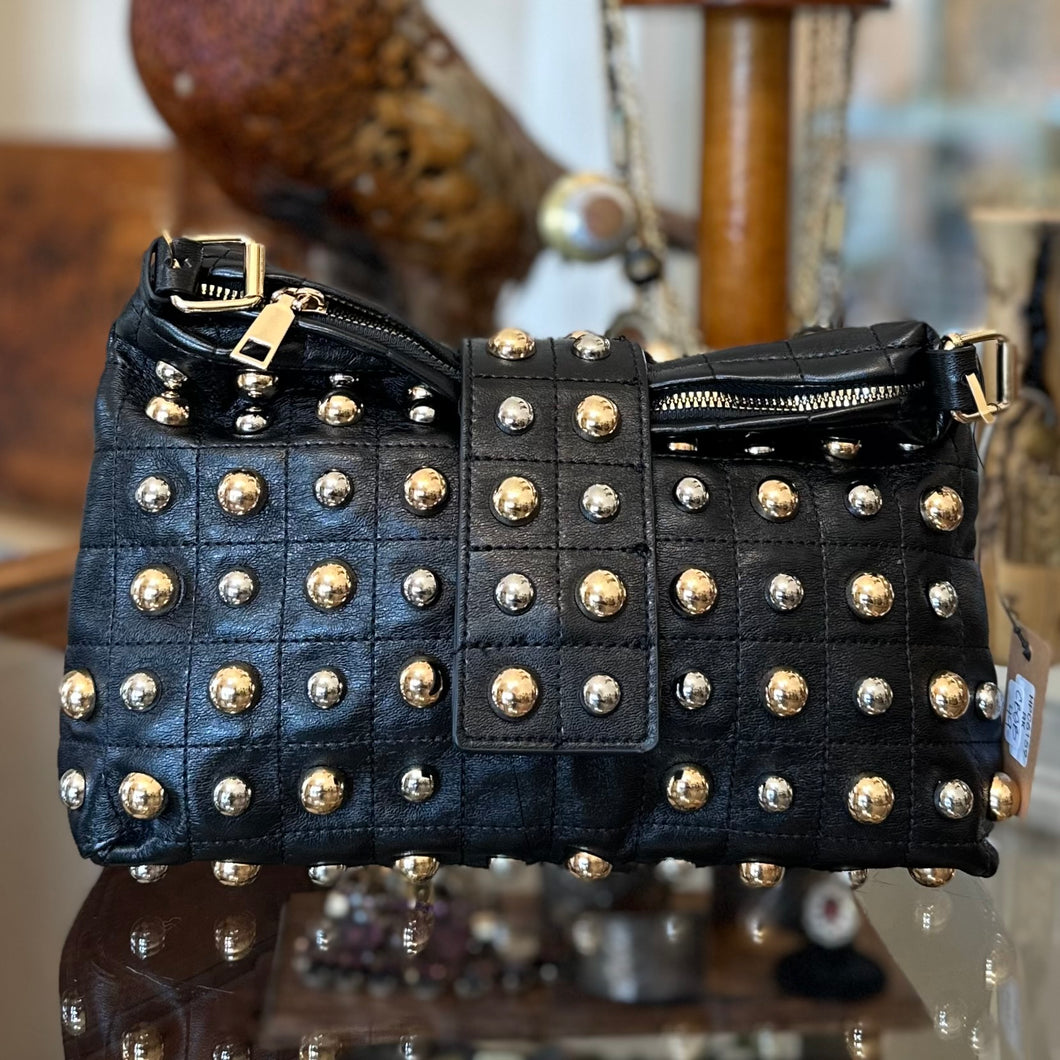 CBGB Black Faux Leather Multi Metal Studded Shoulder Bag