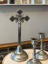 Load image into Gallery viewer, Antique Religious Altar Crucifix Set with Candleholders - Ebony Wood &amp; Nickel Silver
