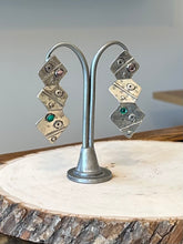 Load image into Gallery viewer, Vintage Signed Deborah Robert’s Artisan Sterling Silver Geometric Drop Earrings with Pink &amp; Teal Colored Stones
