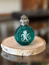 Load image into Gallery viewer, Handmade Czech Glass Teal &amp; Filigree Silver Tone Rhinestone Top Hand Painted Decoration Perfume Bottle
