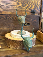 Load image into Gallery viewer, Your Choice! Metal Longhorn Cattle Bull Sculpture Tabletop or Wall Decor | Taurus | Green Patina
