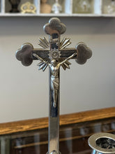 Load image into Gallery viewer, Antique Religious Altar Crucifix Set with Candleholders - Ebony Wood &amp; Nickel Silver
