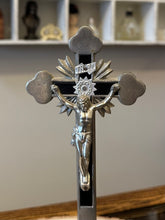 Load image into Gallery viewer, Antique Ebony &amp; Nickel Altar Standing Crucifix - 8.25&quot; x 3.5&quot; - Religious Tabletop Display
