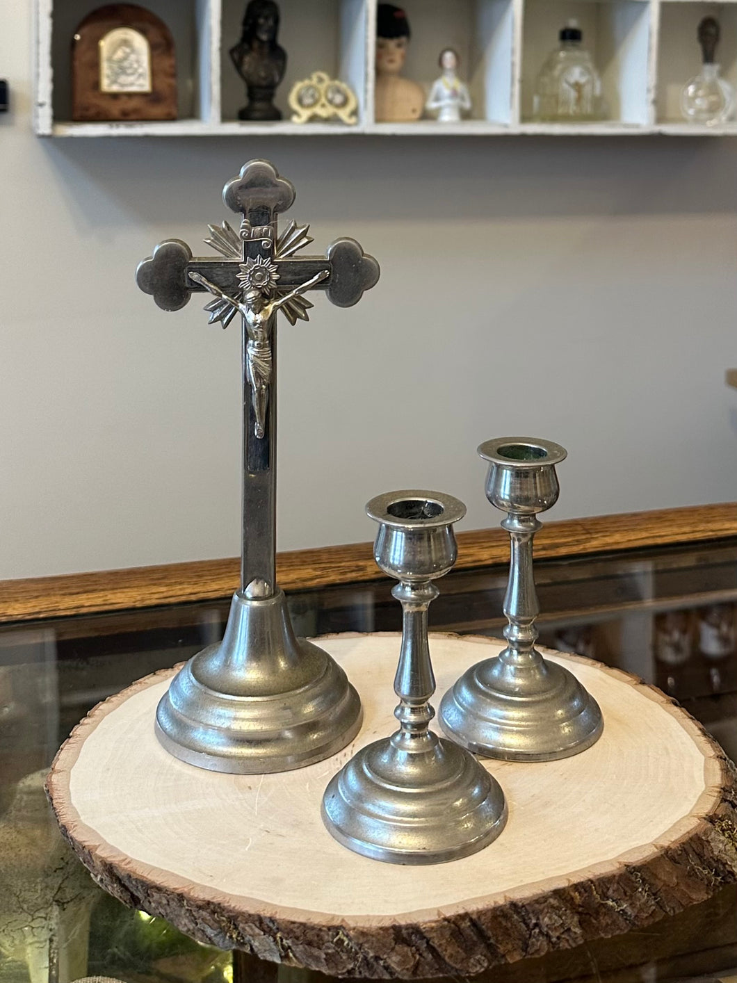 Antique Religious Altar Crucifix Set with Candleholders - Ebony Wood & Nickel Silver