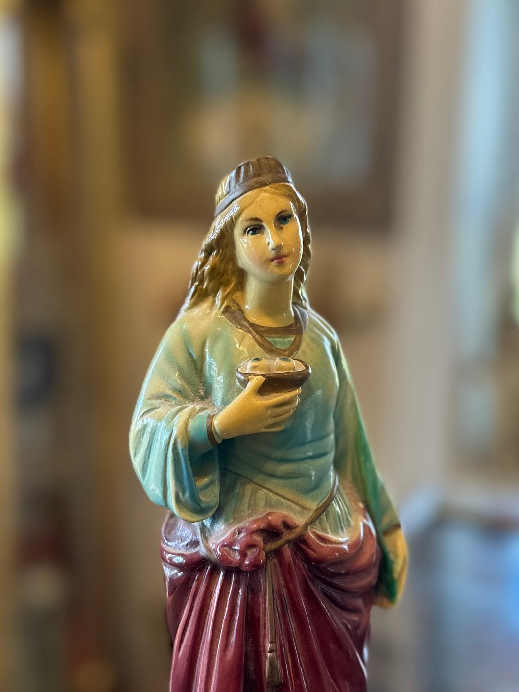 Vintage St. Lucy Chalkware Statue Patron Saint of the Blind Eyes on Platter 11.5