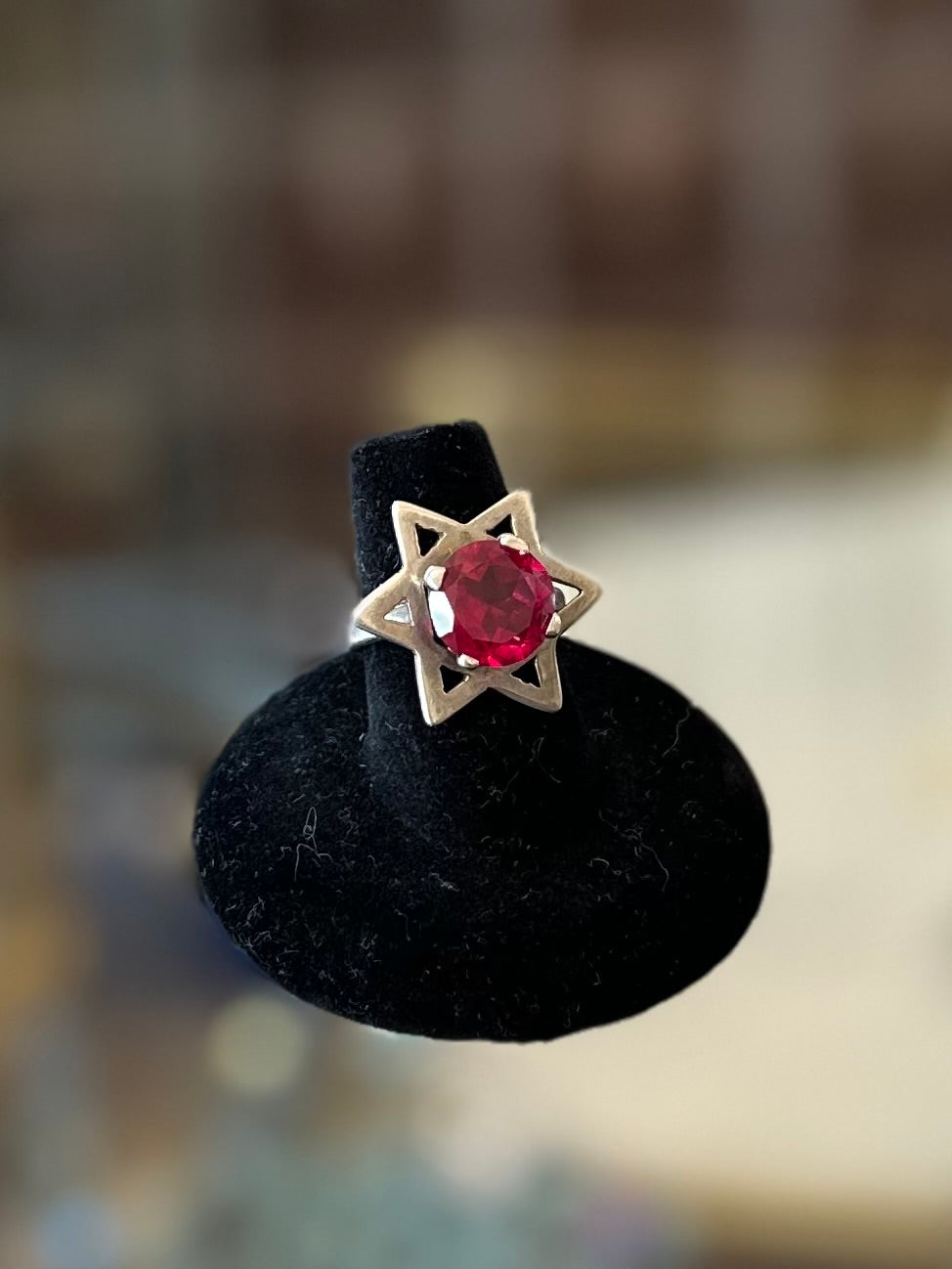 Vintage Modernist Sterling Silver MLV Mexico Star of David Ring with Red Glass Faceted Stone Center US Size 7.5