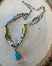 Load image into Gallery viewer, Mike Platero Navajo Vintage Sterling Silver Turquoise Yellow MOP Necklace Native American
