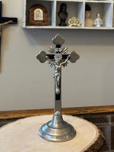 Load image into Gallery viewer, Antique Ebony &amp; Nickel Altar Standing Crucifix - 8.25&quot; x 3.5&quot; - Religious Tabletop Display
