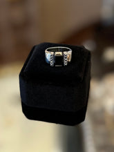 Load image into Gallery viewer, Vintage Sterling Silver &amp; 14k Yellow Gold Faceted Black Onyx Marcasite Ring US Size 7 3/4
