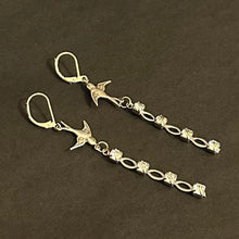 Load image into Gallery viewer, “SORROWFUL MYSTERY” Handmade Swallow &amp; Rhinestone Dangle Earrings
