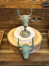 Load image into Gallery viewer, Your Choice! Metal Longhorn Cattle Bull Sculpture Tabletop or Wall Decor | Taurus | Green Patina
