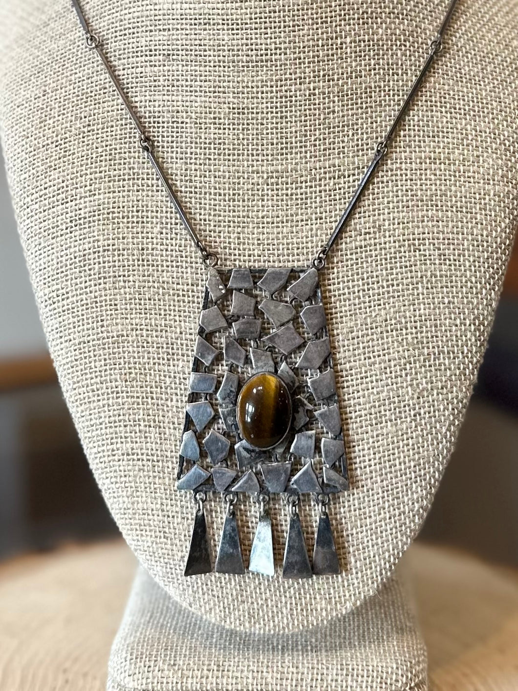 Vintage Israel Marked Sterling Silver Tiger Eye Large Chunky Modernist Pendant Statement Necklace 21.75” Bar Chain