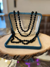 Load image into Gallery viewer, Vintage Midcentury Jet Black Faceted Glass Beaded Necklace with Sterling Silver Fish Hook Clasp 57”
