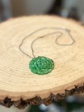 Load image into Gallery viewer, Vintage Carved Green Slag Glass Cabbage Rose Pendant Necklace Dainty Silver Tone Chain 15.25”
