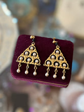 Load image into Gallery viewer, Vintage 1990s Signed MMA CMA Metropolitan Museum of Art Gold Tone Floral Pyramid Faux Pearl Drop Dangle Earrings
