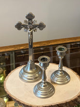 Load image into Gallery viewer, Antique Religious Altar Crucifix Set with Candleholders - Ebony Wood &amp; Nickel Silver
