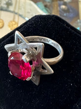 Load image into Gallery viewer, Vintage Modernist Sterling Silver MLV Mexico Star of David Ring with Red Glass Faceted Stone Center US Size 7.5
