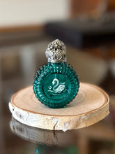 Load image into Gallery viewer, Handmade Czech Glass Teal &amp; Filigree Silver Tone Rhinestone Top Hand Painted Decoration Perfume Bottle
