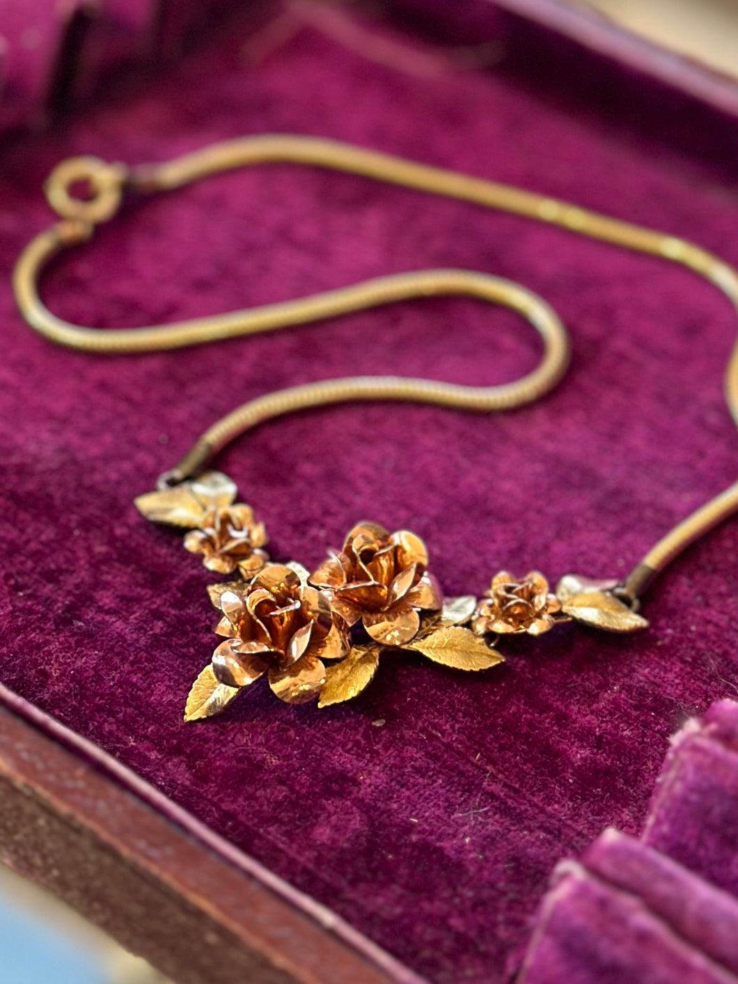 Vintage Signed Krementz Rose Gold & Yellow Gold Tone Flowers and Leaves Dainty Necklace