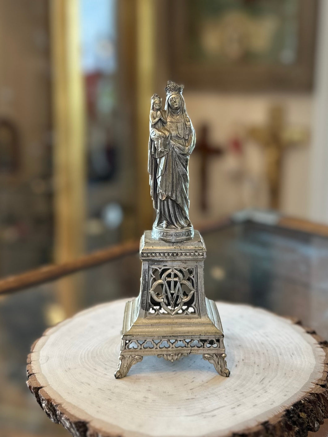 Antique French Anne de Beau St. Anne Silver Tone Metal Religious Statue 7.75” Made in France