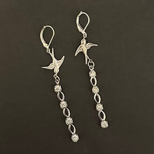 Load image into Gallery viewer, “SORROWFUL MYSTERY” Handmade Swallow &amp; Rhinestone Dangle Earrings
