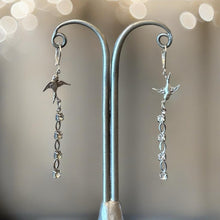 Load image into Gallery viewer, “SORROWFUL MYSTERY” Handmade Swallow &amp; Rhinestone Dangle Earrings
