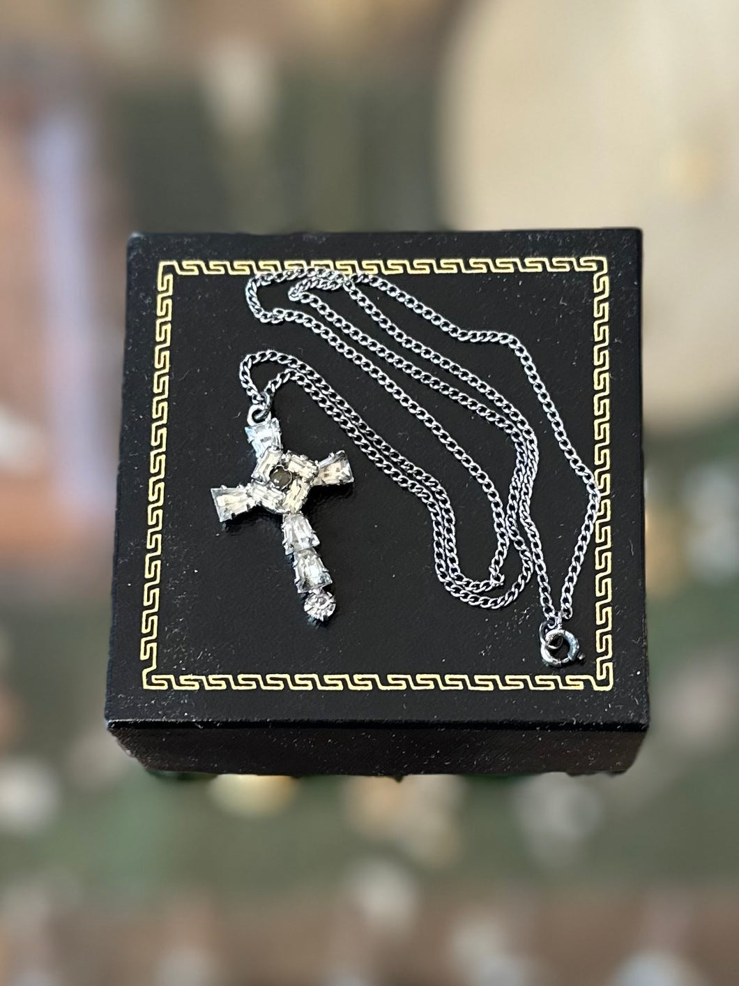 Vintage Sterling Silver Rhinestone Stanhope Cross Pendant Necklace Lord's Prayer