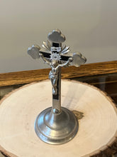 Load image into Gallery viewer, Antique Ebony &amp; Nickel Altar Standing Crucifix - 8.25&quot; x 3.5&quot; - Religious Tabletop Display
