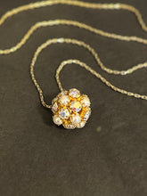 Load image into Gallery viewer, Vintage Midcentury Aurora Borealis Crystal &amp; Faux Pearl Cluster Ball Gold Tone Pendant Necklace 32”
