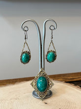 Load image into Gallery viewer, You Pick! Vintage 1960s Etruscan Revival Gold Tone &amp; Teal Green Peking Glass Cabochon Dangle Earrings or Brooch/Pendant
